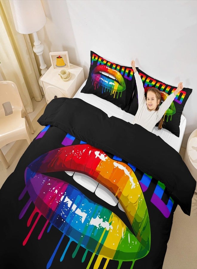 Castle Fairy Rainbow Stripes Duvet Cover Queen Size,Colorful Lips Comforter Cover with 2 Pillowcase for Teens,Pride Theme Bedding Set,Watercolor Tie-dye Breathable Decorative Bed Cover(No Filling)(No Comforter) - Image 3
