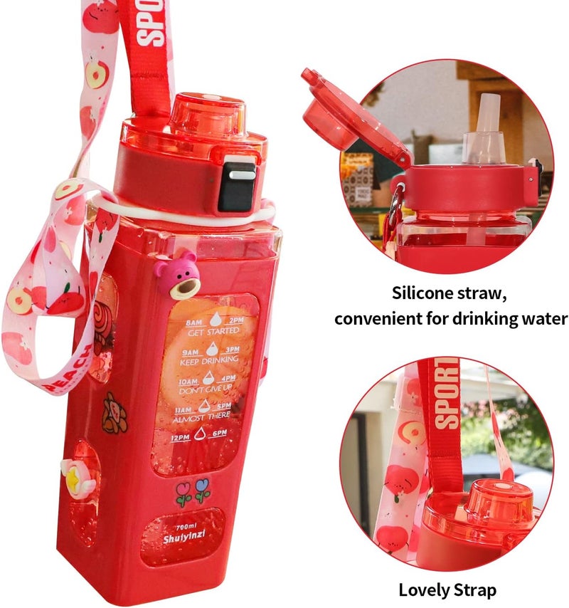 fufeisi Kawaii Water Bottle for Girls,Cute Kids Water Bottles with Straw,700ml Portable LeakProof Water Bottles With Adjustable Shoulder Strap for School(Red)… - Image 3
