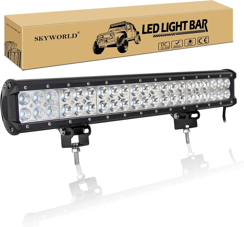 سكاي وورلد شريط إضاءة عمل LED من مقاس 20 بوصة بقدرة 126 واط، شعاع مدمج بقعة وفيض، 12V 24V، أضواء القيادة للطرق الوعرة ومصباح ضباب لسيارة شاحنة 4x4 ومركبة ATV وSUV وقارب، مقاوم للماء، أبيض 6000K - Image 1