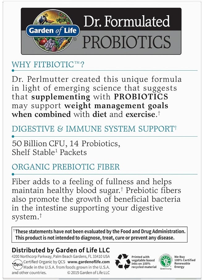 Garden of Life - Garden of Life Dr. Formulated Probiotics Fitbiotic Weight Management Powder 50 Billion CFU & Fiber, Organic & Non-GMO Digestive Gut Health Supplement, 3 Oz, Pack of 20 - Image 1