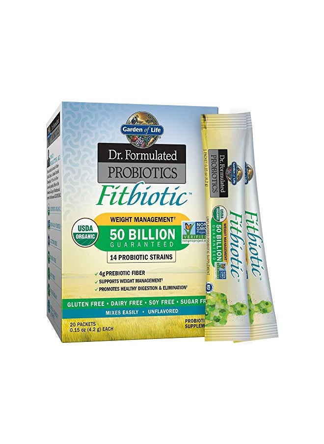 Garden of Life - Garden of Life Dr. Formulated Probiotics Fitbiotic Weight Management Powder 50 Billion CFU & Fiber, Organic & Non-GMO Digestive Gut Health Supplement, 3 Oz, Pack of 20 - Image 1
