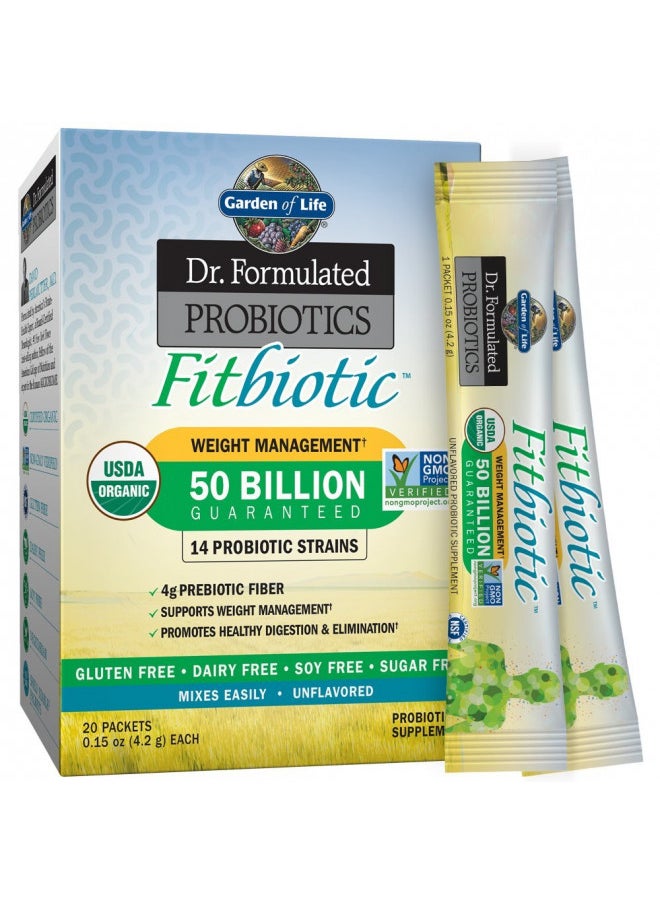 Garden of Life - Garden of Life Dr. Formulated Probiotics Fitbiotic Weight Management Powder 50 Billion CFU & Fiber, Organic & Non-GMO Digestive Gut Health Supplement, 3 Oz, Pack of 20 - Image 1