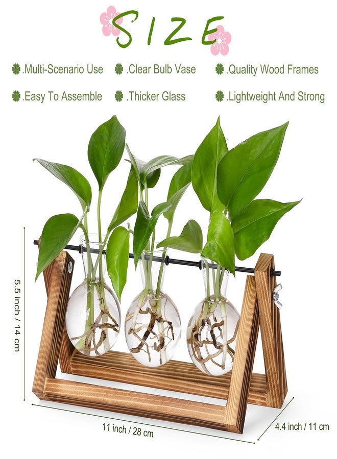 YIBOT Plants Propagation Stations,Desk Plant Terrarium with Retro Wooden Stand,Plant Lover Gifts for Women for Hydroponics Plants Home Garden Wedding Decor(3 Bulb Vase) - Image 2