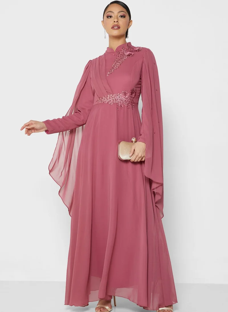 Khizana Embroidered Cape Sleeve Dress