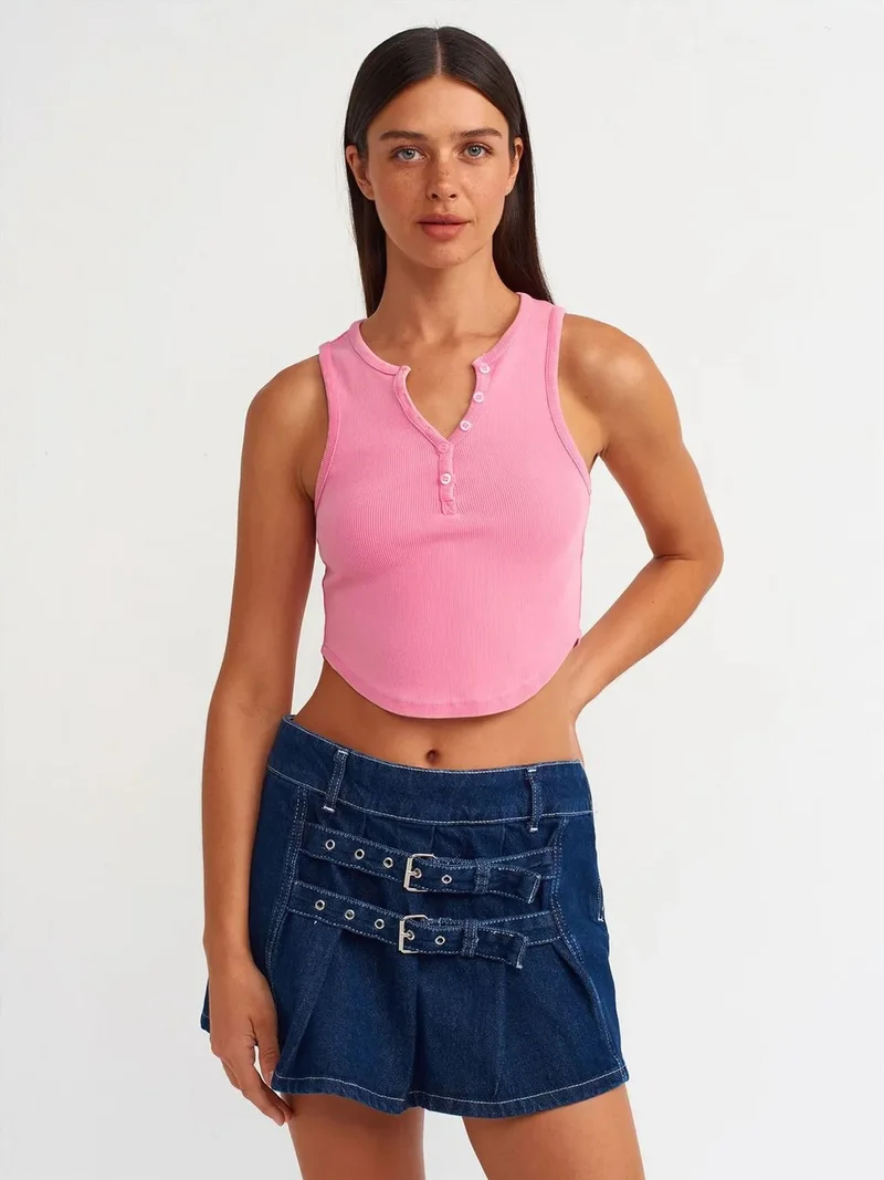 ديلفين Dilvin Women's Ribbed Crop Blouse With Buttons