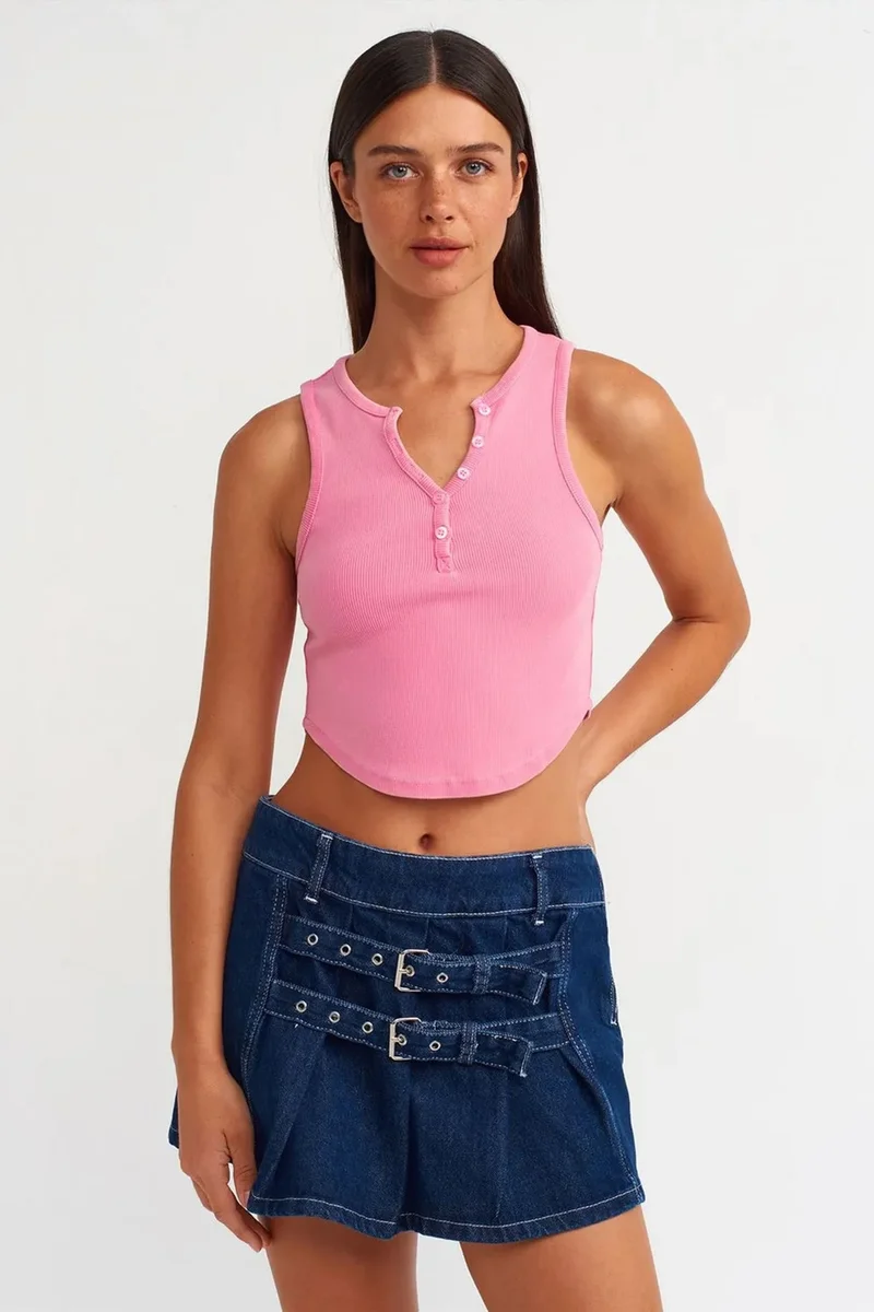 Dilvin DILVIN Women's Ribbed Crop Blouse With Buttons