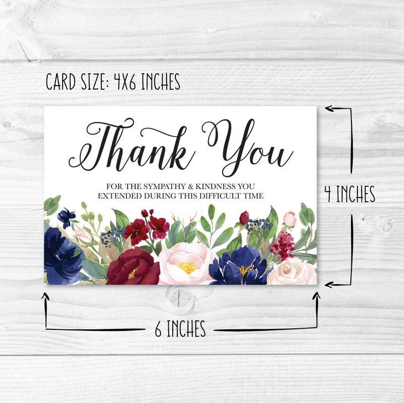 Hadley Designs 24 Navy Burgundy Floral Sympathy Thank You Cards With Envelopes, Bereavement Funeral Thank You Note Gratitude Supplies, Personalized Religious Military Memorial With Message Stationery - Image 4