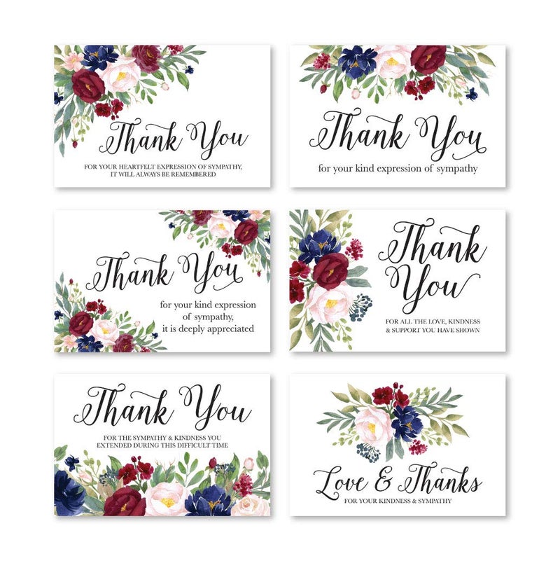 Hadley Designs 24 Navy Burgundy Floral Sympathy Thank You Cards With Envelopes, Bereavement Funeral Thank You Note Gratitude Supplies, Personalized Religious Military Memorial With Message Stationery - Image 1