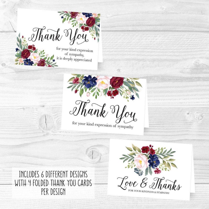 Hadley Designs 24 Navy Burgundy Floral Sympathy Thank You Cards With Envelopes, Bereavement Funeral Thank You Note Gratitude Supplies, Personalized Religious Military Memorial With Message Stationery - Image 5