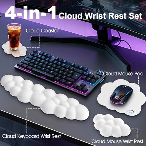 Retuhapy Cloud Wrist Rest Keyboard Cushion, 4-in-1 Ergonomic Cloud Keyboard Wrist Rest and Mouse Pad Set with Memory Foam Arm Support for Palm, Cute Desk Accessory for PC Gaming Setup, White - Image 2