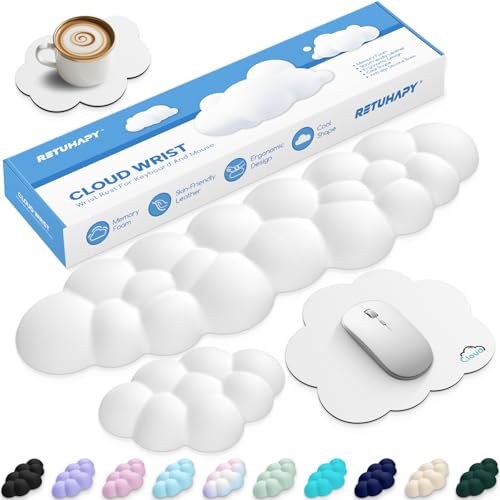 Retuhapy Cloud Wrist Rest Keyboard Cushion, 4-in-1 Ergonomic Cloud Keyboard Wrist Rest and Mouse Pad Set with Memory Foam Arm Support for Palm, Cute Desk Accessory for PC Gaming Setup, White - Image 1