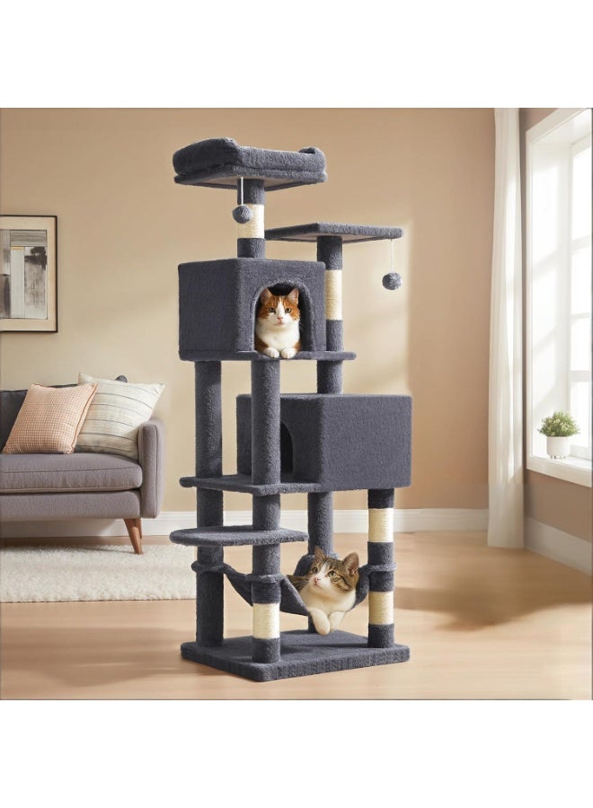 غوغويا شجرة قطط، برج قطط بطول 151 سم، شقة فخمة متعددة المستويات مع 5 أعمدة خدش، 2 مقاعد، 2 كهوف، أرجوحة، 2 بوم بوم، رمادي غامق - Image 1