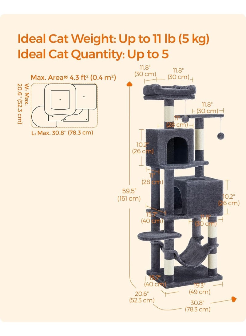 غوغويا شجرة قطط، برج قطط بطول 151 سم، شقة فخمة متعددة المستويات مع 5 أعمدة خدش، 2 مقاعد، 2 كهوف، أرجوحة، 2 بوم بوم، رمادي غامق - Image 2