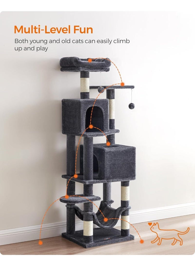 غوغويا شجرة قطط، برج قطط بطول 151 سم، شقة فخمة متعددة المستويات مع 5 أعمدة خدش، 2 مقاعد، 2 كهوف، أرجوحة، 2 بوم بوم، رمادي غامق - Image 4