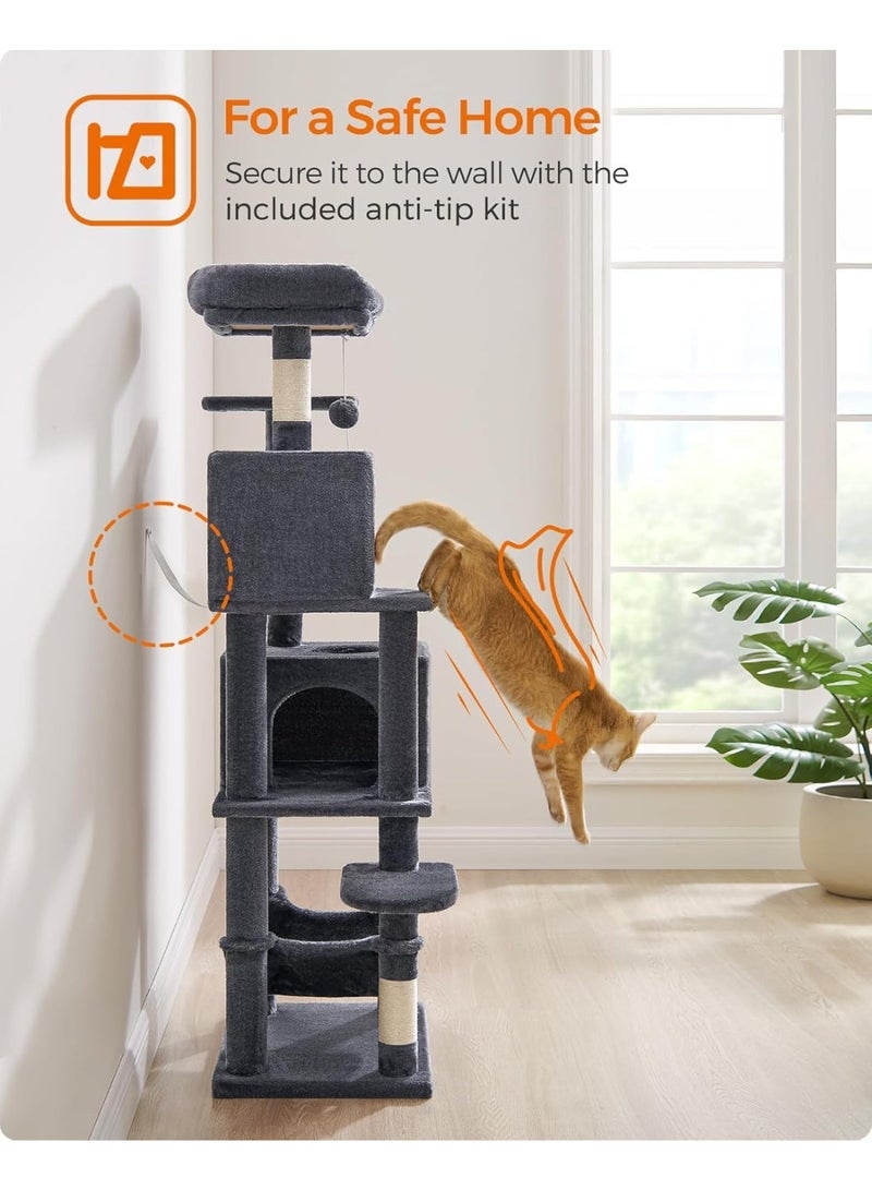 غوغويا شجرة قطط، برج قطط بطول 151 سم، شقة فخمة متعددة المستويات مع 5 أعمدة خدش، 2 مقاعد، 2 كهوف، أرجوحة، 2 بوم بوم، رمادي غامق - Image 5