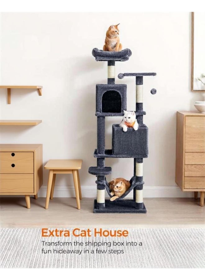 غوغويا شجرة قطط، برج قطط بطول 151 سم، شقة فخمة متعددة المستويات مع 5 أعمدة خدش، 2 مقاعد، 2 كهوف، أرجوحة، 2 بوم بوم، رمادي غامق - Image 3