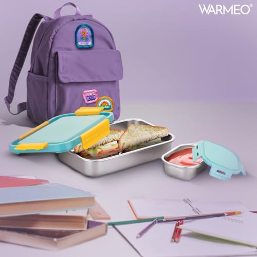WARMEO Carnival Stainless Steel Airtight Leak-Proof Lunch Box, Light Weight, Easy to Clean, Perfect for Office, School, Picnic & Travelling, Set of 2 (800ml+150ml) Aqua & Yellow - Image 2