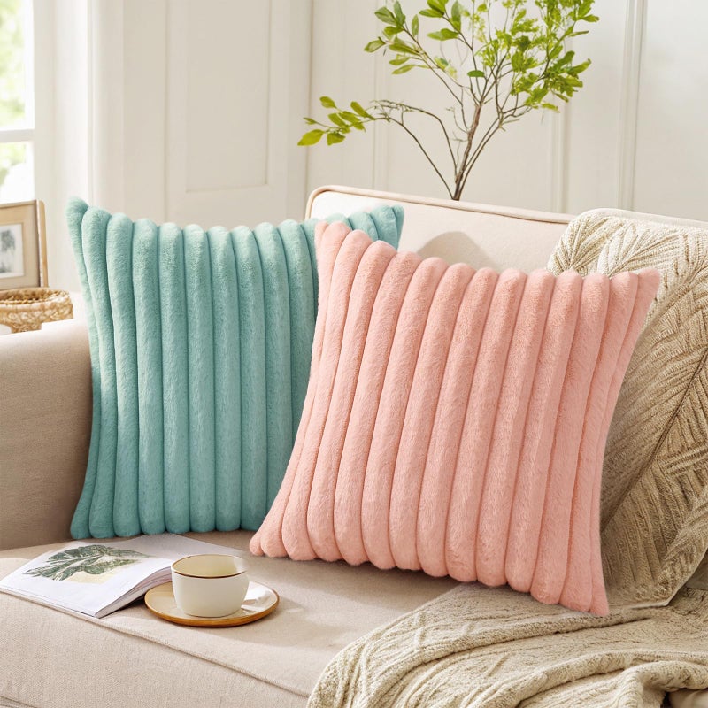 Pallene Faux Fur Plush Throw Pillow Covers 20X20 Set Of 2  Luxury Soft Fluffy Striped Decorative Pillow Covers For Sofa  Couch  Living Room  Aqua - Image 5