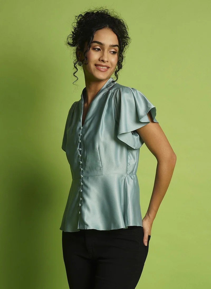 globus Globus Women Solid V-Neck Gathered Flutter Sleeve Peplum Party Top