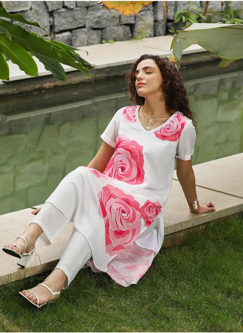QISSA Women's Rose Pink & Daisy White Chantilly Bloom Kurta Set