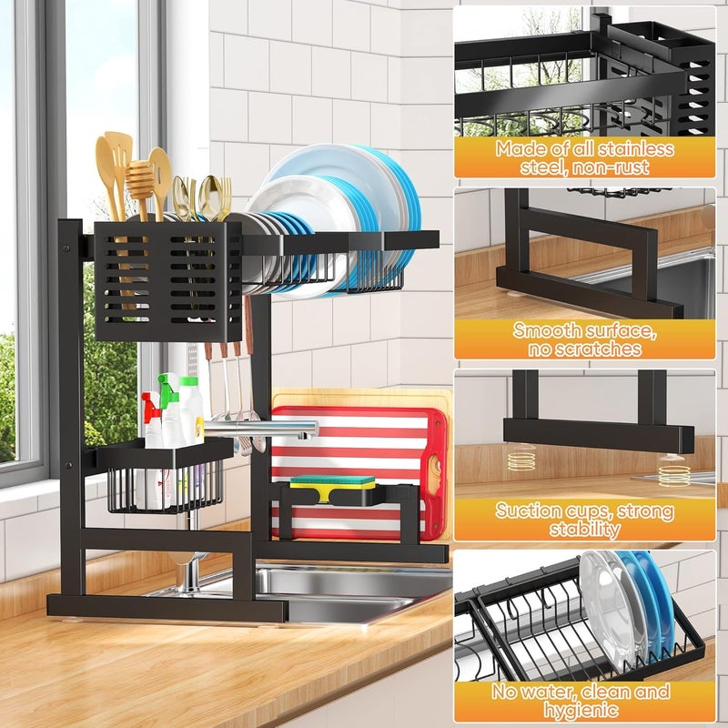 Pusdon Over Sink(24"-40") Dish Drying Rack, Adjustable Cutlery Holders Drainer Shelf for Kitchen Supplies Storage Counter Organizer Stainless Steel Display- Space Save Must Have (24≤Sink Size≤40inch, black) - Image 4