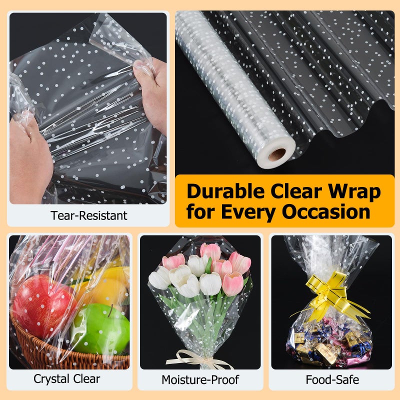 Luckam Clear Cellophane Gift Wrapping Paper Roll, 49 Ft x 15.7 in, 3 Mil Thickness with White Dots, Ideal for Flower Bouquets, Christmas Gifts, and Extra Wide Baskets - Image 2