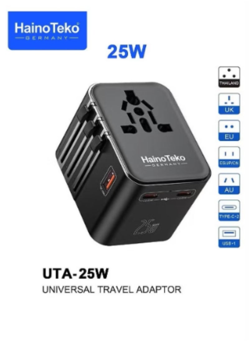HainoTeko Universal Travel Adapter 25W | High-Speed 2.4A USB-A & 3.0A USB-C Charger | Worldwide Plug for Europe, UK, US, AU, Asia | International Power Adapter with AC Outlet – Black  - Image 2