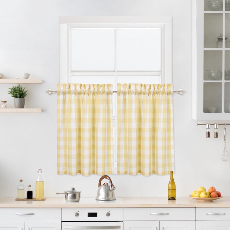 Bapawfish Buffalo Plaid Cafe Curtains 36 Inch Long,Yellow and White Buffalo Check Kitchen Tier Curtains, Gingham Rod Pocket Short Tier Curtain for Kitchen Bathroom Window,28"x36",Yellow/White, Set of 2 - Image 1