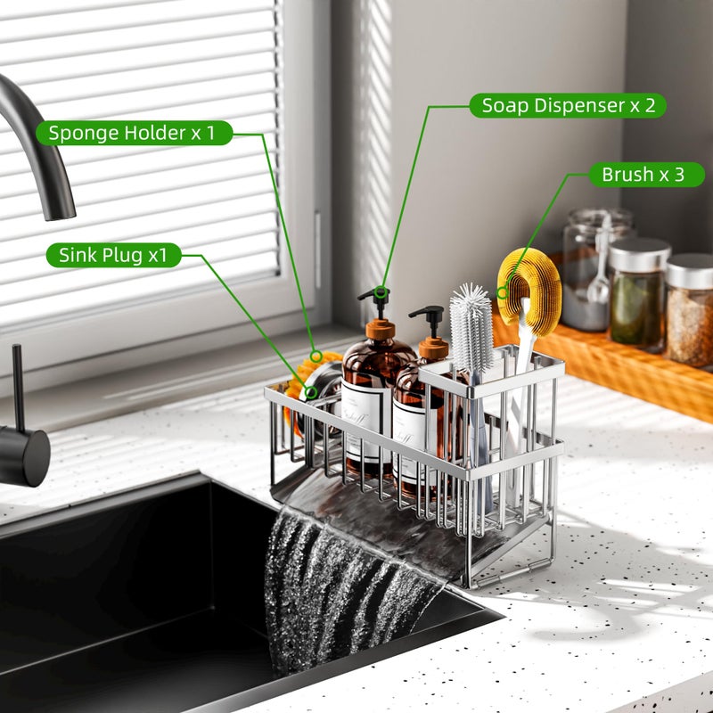 Cisily Extra Large Silver Kitchen Sink Caddy Organzier with High Brush Holder, Sponge Holder for Sink, 304 Rustproof Stainless, Kitchen Countertop Soap Dispenser Organizer For Decor and Accessories - Image 2