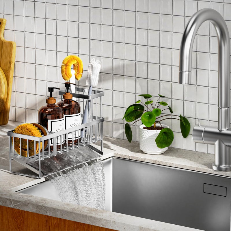 Cisily Extra Large Silver Kitchen Sink Caddy Organzier with High Brush Holder, Sponge Holder for Sink, 304 Rustproof Stainless, Kitchen Countertop Soap Dispenser Organizer For Decor and Accessories - Image 4