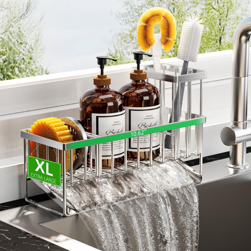 Cisily Extra Large Silver Kitchen Sink Caddy Organzier with High Brush Holder, Sponge Holder for Sink, 304 Rustproof Stainless, Kitchen Countertop Soap Dispenser Organizer For Decor and Accessories - Image 1
