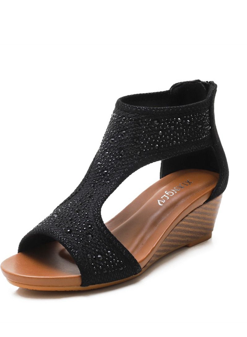 Loquat Fairy Wind Back Zipper Wedge Heel Sandals 5CM Black - Image 1