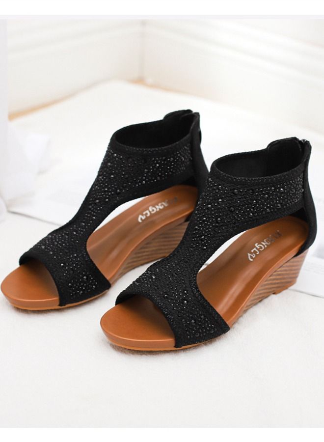 Loquat Fairy Wind Back Zipper Wedge Heel Sandals 5CM Black - Image 2