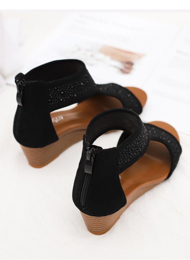 Loquat Fairy Wind Back Zipper Wedge Heel Sandals 5CM Black - Image 3