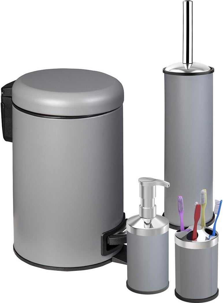 Siliwax Elite Series 4-Piece Bathroom Set Trash Can WC Brush Soap Dish Toothbrush Holder - Gray (3 Lt) (Soft Close)