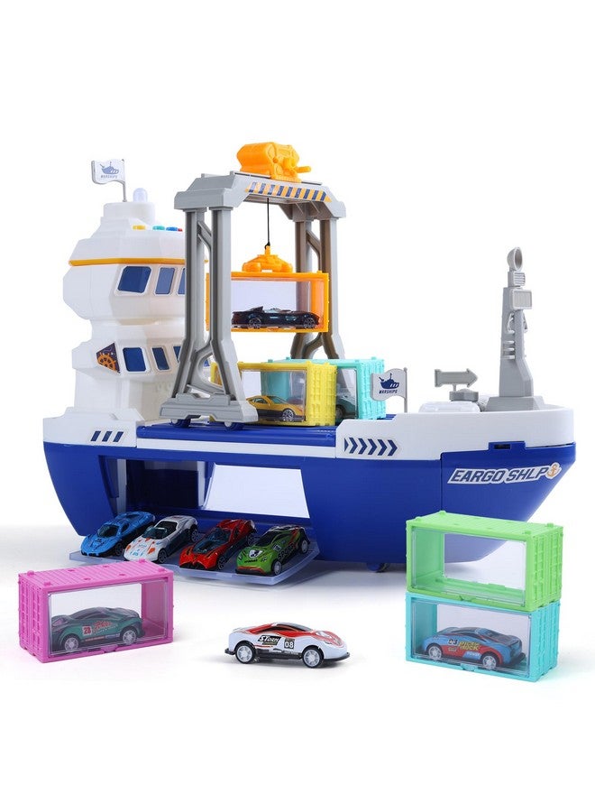 Cute Stone Cargo Ship Toy & Gantry Crane, Toy Boat And Crane Playset With Sounds & Lights, Transport Containers, Push And Go Vehicle Cars, Kids Play Boats For Boys Girls - Image 1
