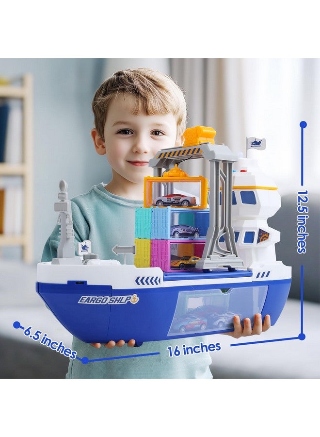 Cute Stone Cargo Ship Toy & Gantry Crane, Toy Boat And Crane Playset With Sounds & Lights, Transport Containers, Push And Go Vehicle Cars, Kids Play Boats For Boys Girls - Image 3