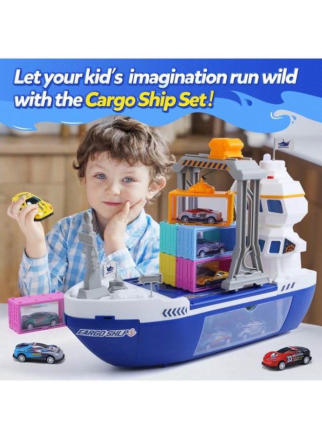 Cute Stone Cargo Ship Toy & Gantry Crane, Toy Boat And Crane Playset With Sounds & Lights, Transport Containers, Push And Go Vehicle Cars, Kids Play Boats For Boys Girls - Image 2