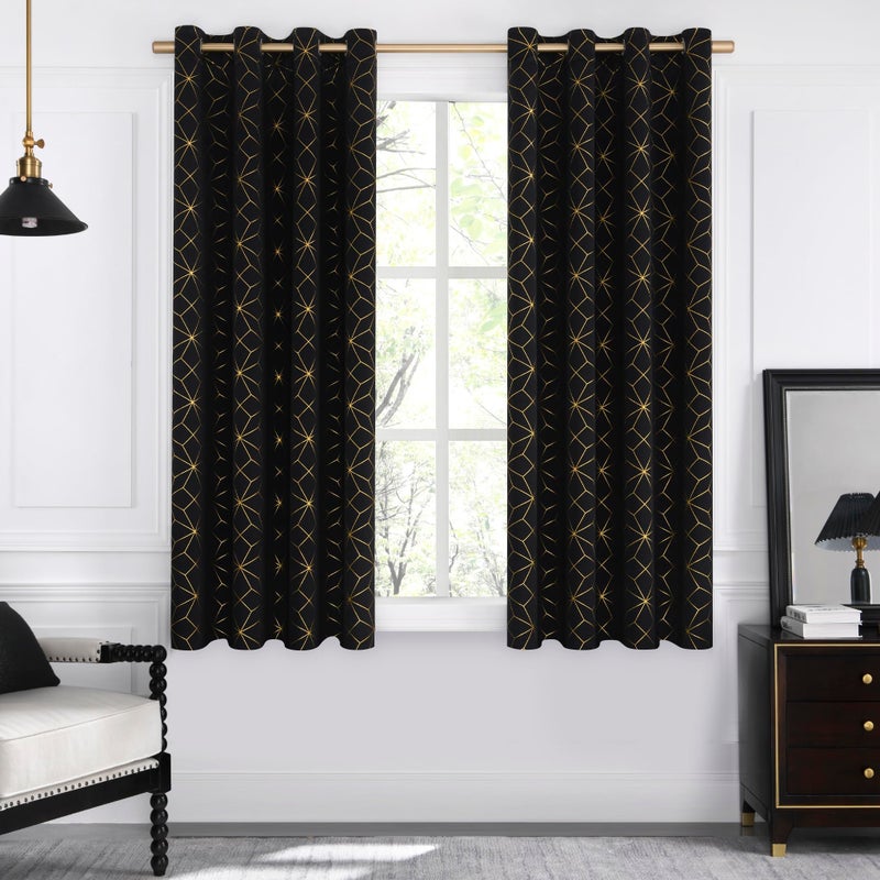 Beauoop 100 Blackout Curtains 63 Inches Long for Bedroom Living Room Moroccan Gold Patterned Drapes Thermal Insulated Grommet Top Window Treatment Panels Set of 2 BlackGold