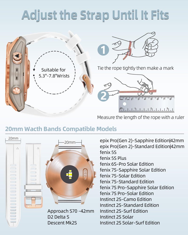 OUTVI 20mm Watch Band for Garmin fenix 8 43mm 6s 5s 7s pro epix pro gen 2 42mm Descent Mk2s Mk3 Mk3i soft silicone quick fit 20 bands with Rose Gold buckle for women White - Image 3
