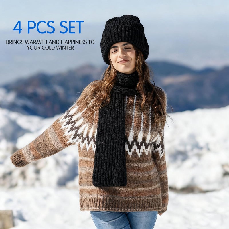 Breathffy 4 Pcs Winter Hat Scarf Gloves Headband Set Knit Beanie Touch Screen Gloves Long Scarf Valentine Gift for Women Men(Chic Style,Black) - Image 4