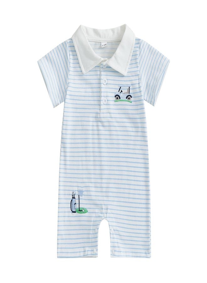 Lenjindjer Newborn Baby Boy Golf Clothes Short Sleeve Striped Golf Embroidery Polo T-shirt Jumpsuit Summer One Piece Outfits (White, 3-6 Months) - Image 1