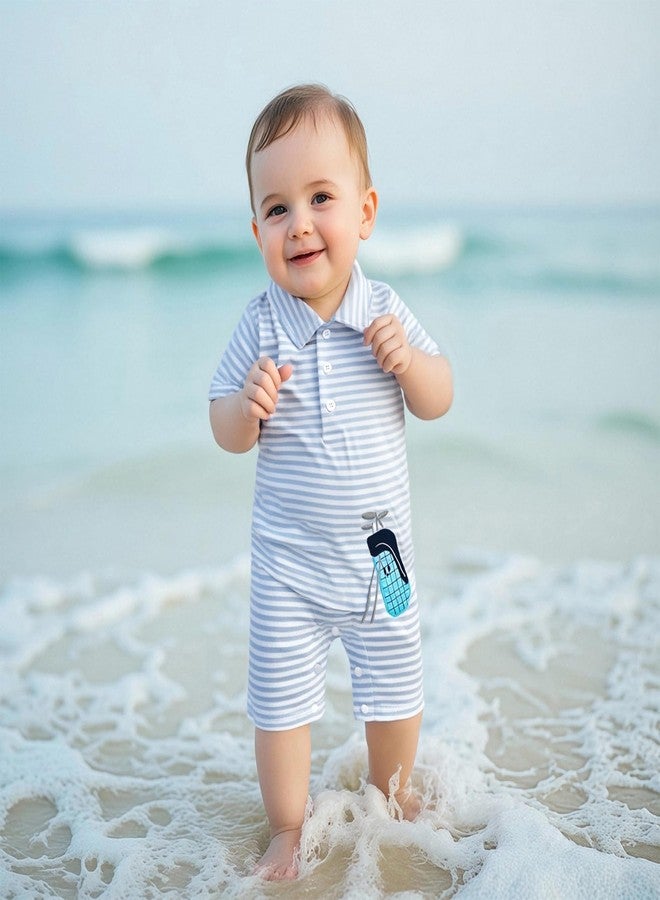 Lenjindjer Newborn Baby Boy Golf Clothes Short Sleeve Striped Golf Embroidery Polo T-shirt Jumpsuit Summer One Piece Outfits (White, 3-6 Months) - Image 3