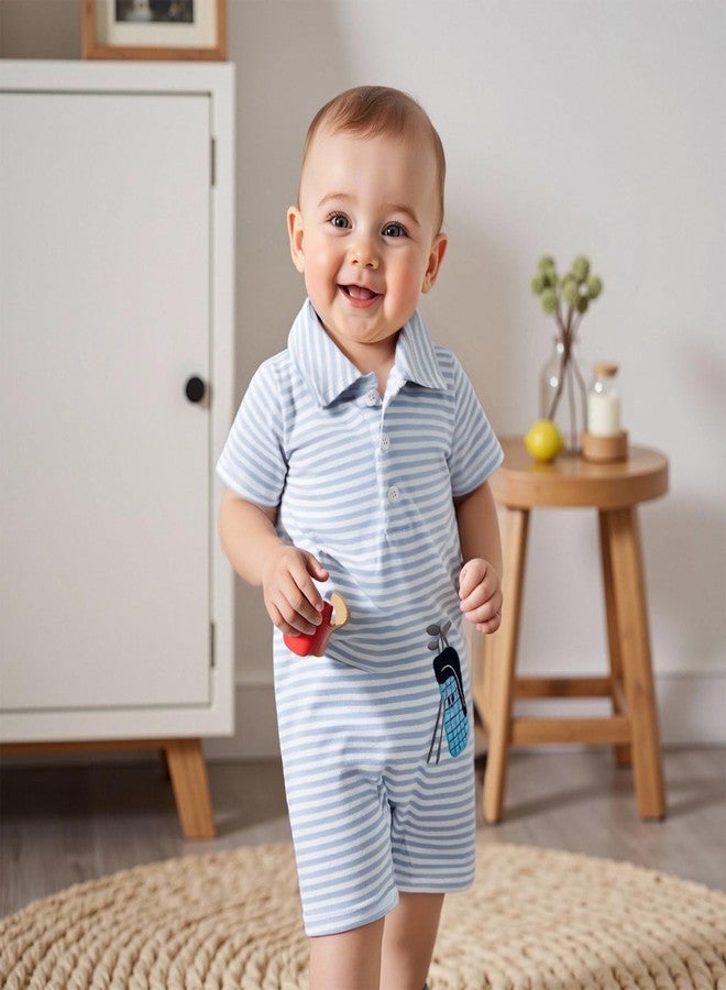 Lenjindjer Newborn Baby Boy Golf Clothes Short Sleeve Striped Golf Embroidery Polo T-shirt Jumpsuit Summer One Piece Outfits (White, 3-6 Months) - Image 2