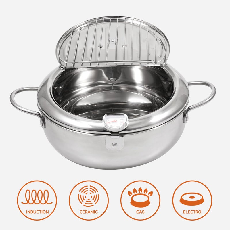 Kerilyn Deep Fryer Pot, 11 Inch/4.2 L Janpanese Style Tempura Frying Pot with Lid, 304 Stainless Steel with Temperature Control and Oil Drip Drainer Rack, for Kitchen French Fries, Chicken etc - Image 4