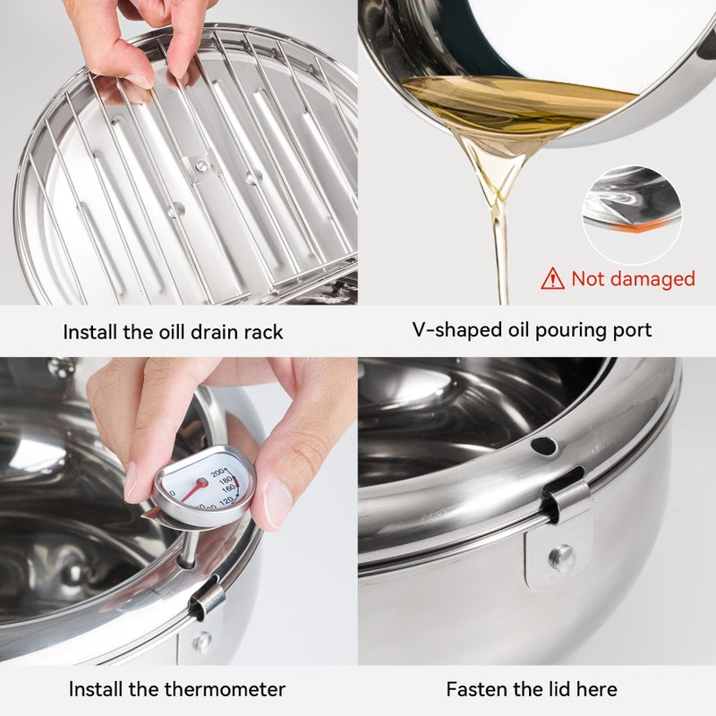 Kerilyn Deep Fryer Pot, 11 Inch/4.2 L Janpanese Style Tempura Frying Pot with Lid, 304 Stainless Steel with Temperature Control and Oil Drip Drainer Rack, for Kitchen French Fries, Chicken etc - Image 2