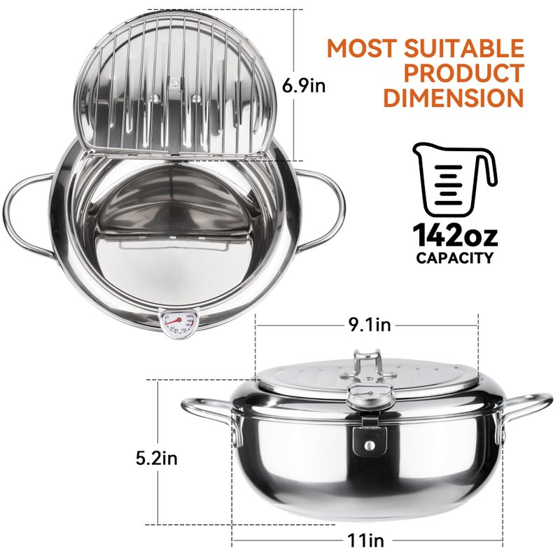 Kerilyn Deep Fryer Pot, 11 Inch/4.2 L Janpanese Style Tempura Frying Pot with Lid, 304 Stainless Steel with Temperature Control and Oil Drip Drainer Rack, for Kitchen French Fries, Chicken etc - Image 3