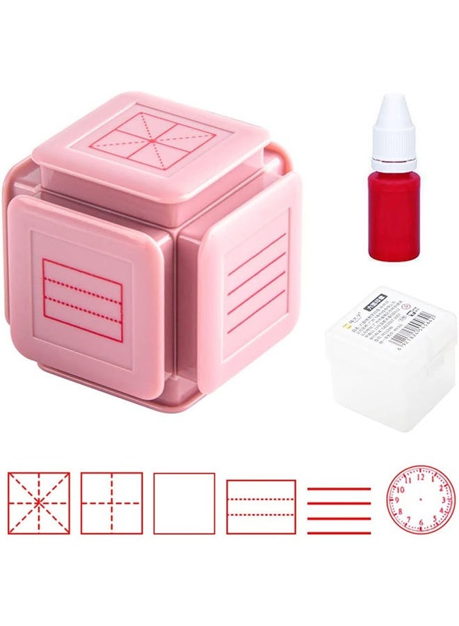 Beauenty Kids Educational Six-side Seal Clock Stamp Teaching Aids Toy Learning Recognition Tian Character Grid Stamp,Square Grid Seal Primary School  Children's Pinyin Learning(pink） - Image 1