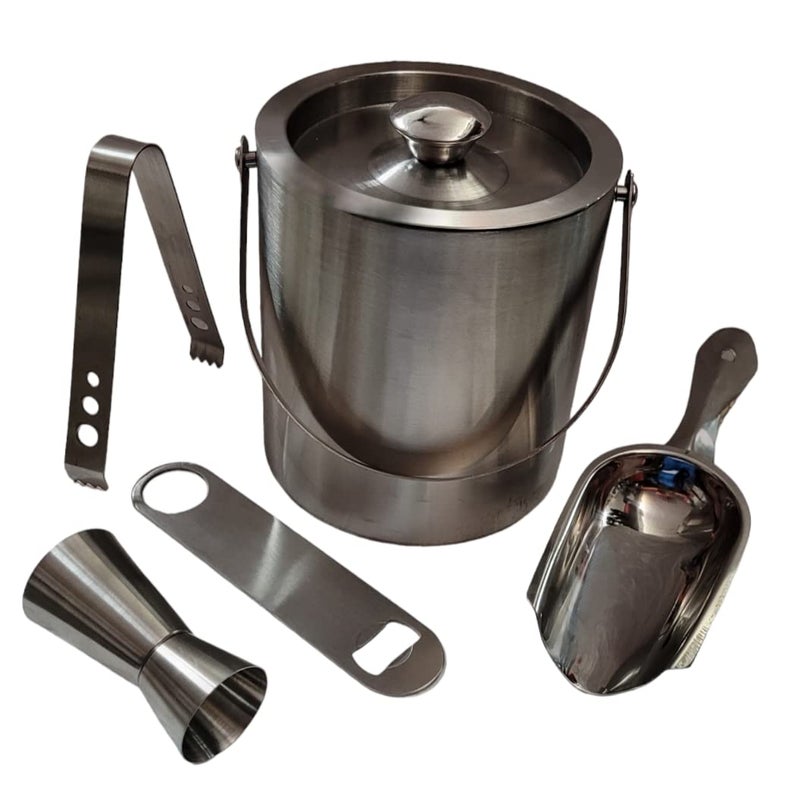 Proniks Stainless Steel Insulated Ice Bucket with Opener and Ice Tong peg Measure and Hip Flask Scope Keeps Ice Cold for 6 h for Home bar Accessories Mini barWine Large - Image 2