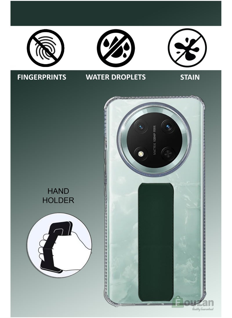 Generic - For Honor X9c - Transparent Shock Proof Silicone- Magnetic Case With Hand Grip Holder & Kickstand -Clear/Green - Image 1